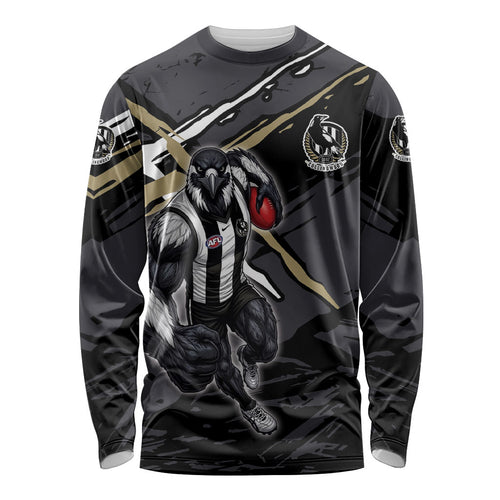 Collingwood Football Club Long Sleeve Shirt Magpies Muscular Mascot Graphic - Abstract Paint Splatter Art