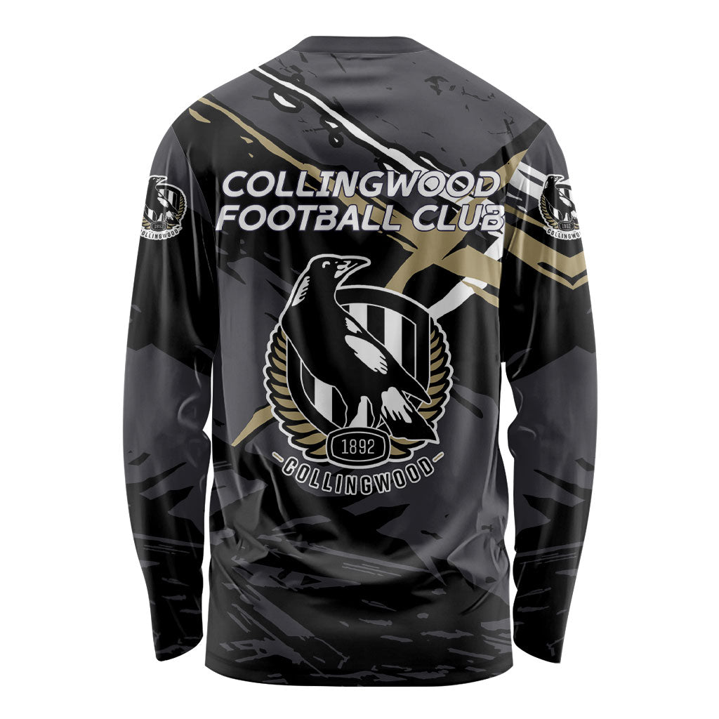 Collingwood Football Club Long Sleeve Shirt Magpies Muscular Mascot Graphic - Abstract Paint Splatter Art