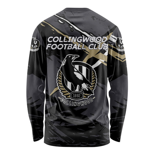 Collingwood Football Club Long Sleeve Shirt Magpies Muscular Mascot Graphic - Abstract Paint Splatter Art