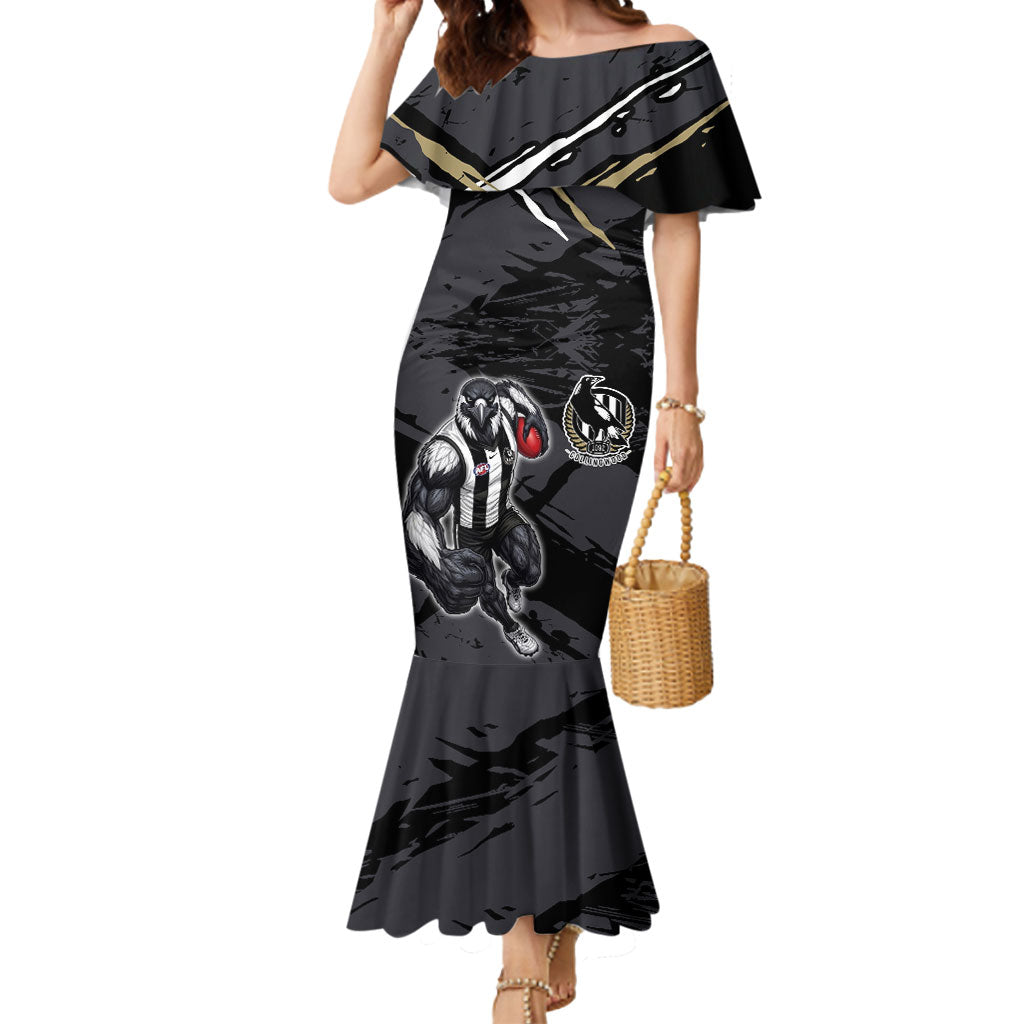 Collingwood Football Club Mermaid Dress Magpies Muscular Mascot Graphic - Abstract Paint Splatter Art