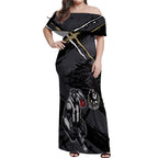 Collingwood Football Club Off Shoulder Maxi Dress Magpies Muscular Mascot Graphic - Abstract Paint Splatter Art