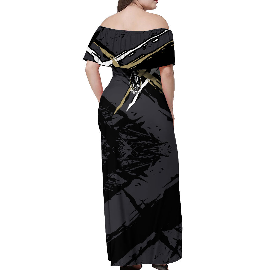 Collingwood Football Club Off Shoulder Maxi Dress Magpies Muscular Mascot Graphic - Abstract Paint Splatter Art