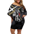 Collingwood Football Club Off Shoulder Short Dress Magpies Muscular Mascot Graphic - Abstract Paint Splatter Art
