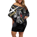 Collingwood Football Club Off Shoulder Short Dress Magpies Muscular Mascot Graphic - Abstract Paint Splatter Art