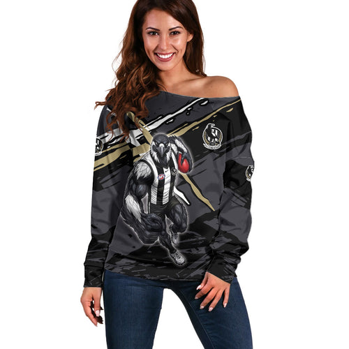 Collingwood Football Club Off Shoulder Sweater Magpies Muscular Mascot Graphic - Abstract Paint Splatter Art