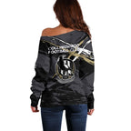 Collingwood Football Club Off Shoulder Sweater Magpies Muscular Mascot Graphic - Abstract Paint Splatter Art