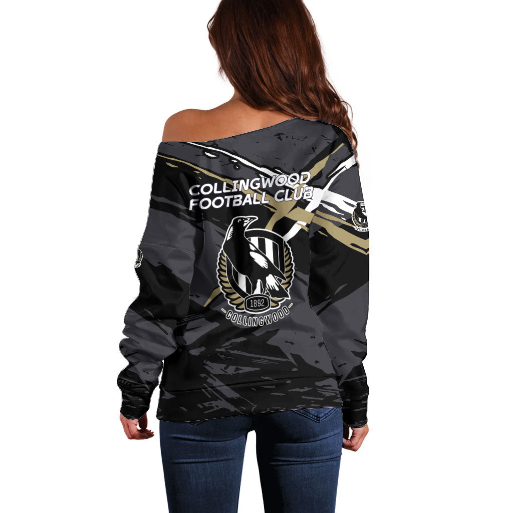 Collingwood Football Club Off Shoulder Sweater Magpies Muscular Mascot Graphic - Abstract Paint Splatter Art