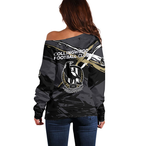 Collingwood Football Club Off Shoulder Sweater Magpies Muscular Mascot Graphic - Abstract Paint Splatter Art
