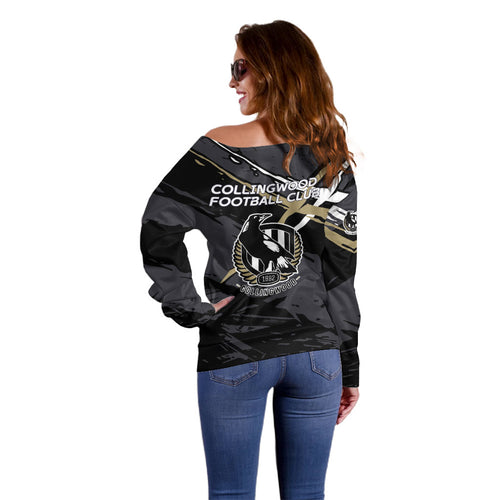 Collingwood Football Club Off Shoulder Sweater Magpies Muscular Mascot Graphic - Abstract Paint Splatter Art
