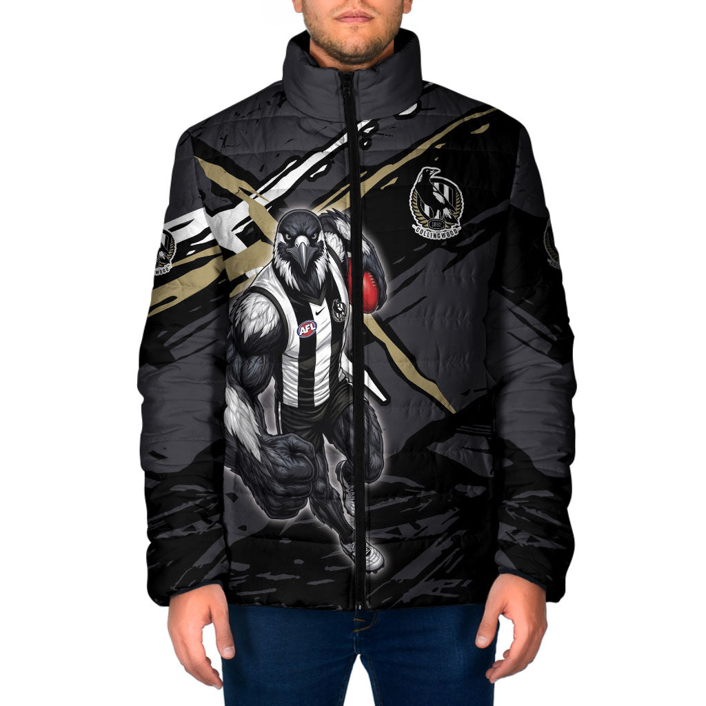 Collingwood Football Club Padded Jacket Magpies Muscular Mascot Graphic - Abstract Paint Splatter Art