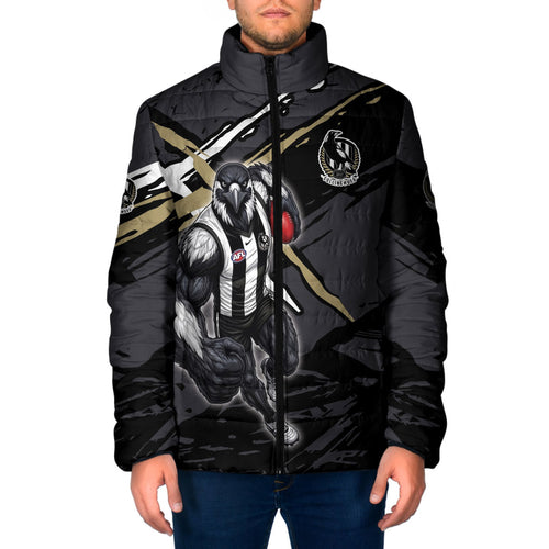 Collingwood Football Club Padded Jacket Magpies Muscular Mascot Graphic - Abstract Paint Splatter Art