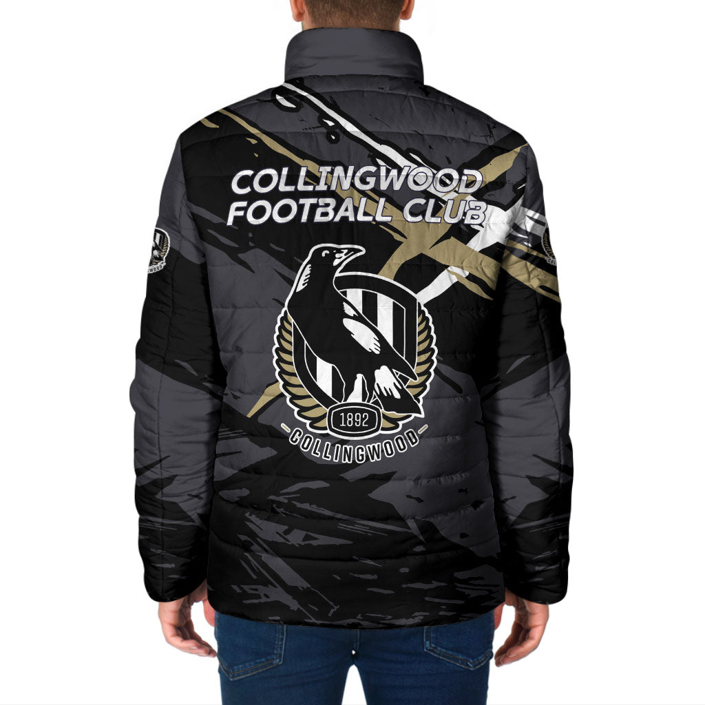 Collingwood Football Club Padded Jacket Magpies Muscular Mascot Graphic - Abstract Paint Splatter Art