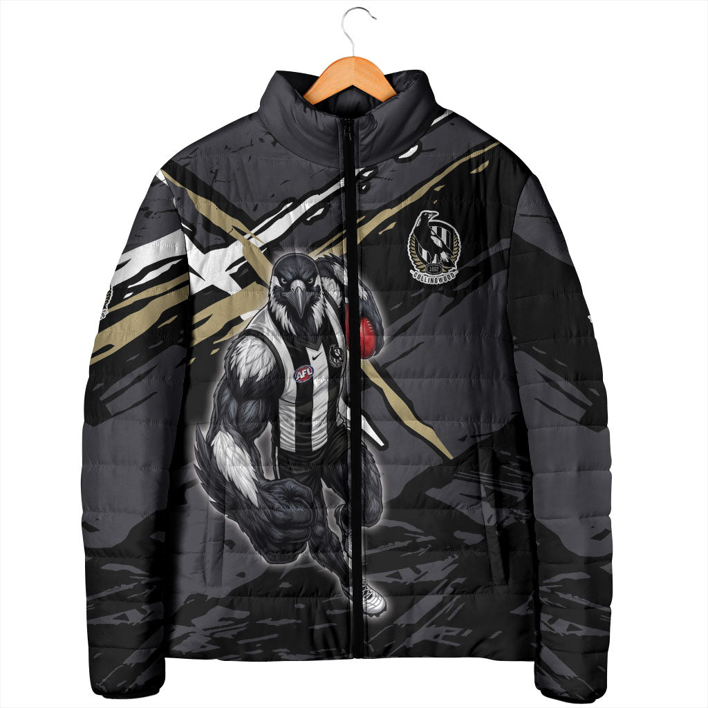 Collingwood Football Club Padded Jacket Magpies Muscular Mascot Graphic - Abstract Paint Splatter Art