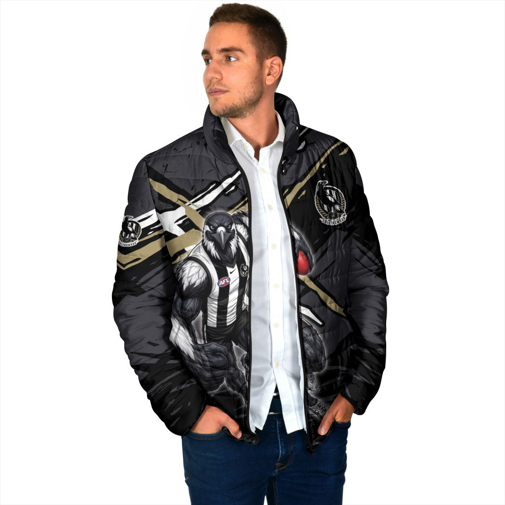 Collingwood Football Club Padded Jacket Magpies Muscular Mascot Graphic - Abstract Paint Splatter Art