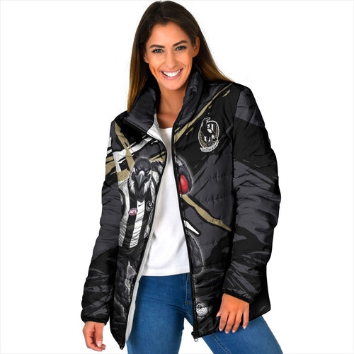 Collingwood Football Club Padded Jacket Magpies Muscular Mascot Graphic - Abstract Paint Splatter Art