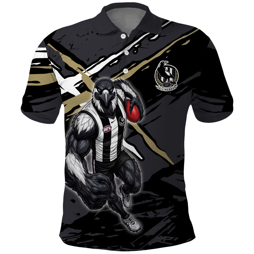 Collingwood Football Club Polo Shirt Magpies Muscular Mascot Graphic - Abstract Paint Splatter Art