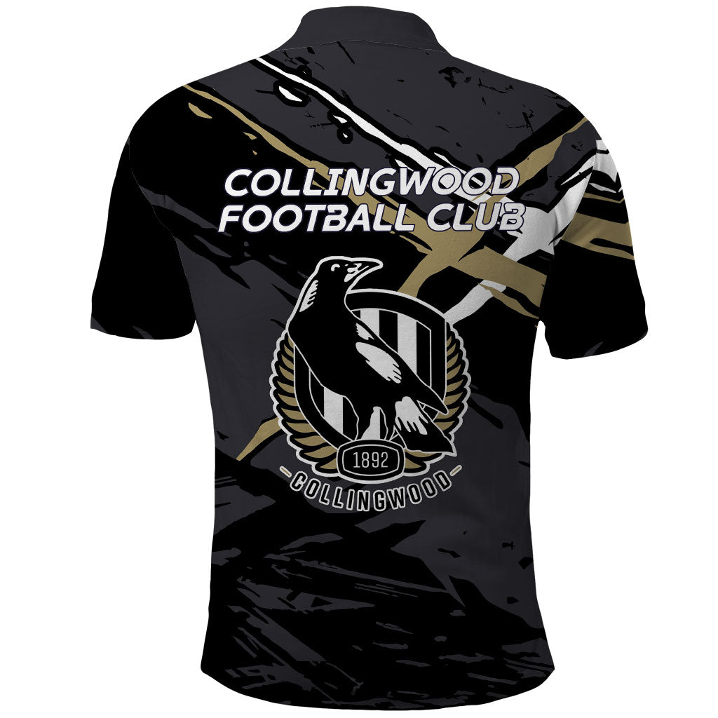 Collingwood Football Club Polo Shirt Magpies Muscular Mascot Graphic - Abstract Paint Splatter Art