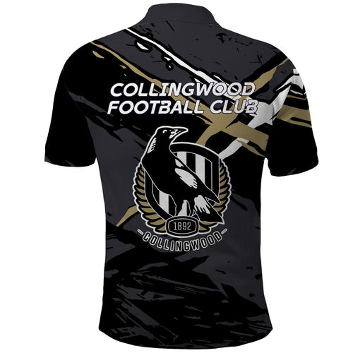 Collingwood Football Club Polo Shirt Magpies Muscular Mascot Graphic - Abstract Paint Splatter Art