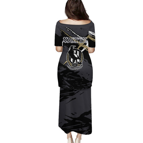 Collingwood Football Club Puletasi Magpies Muscular Mascot Graphic - Abstract Paint Splatter Art