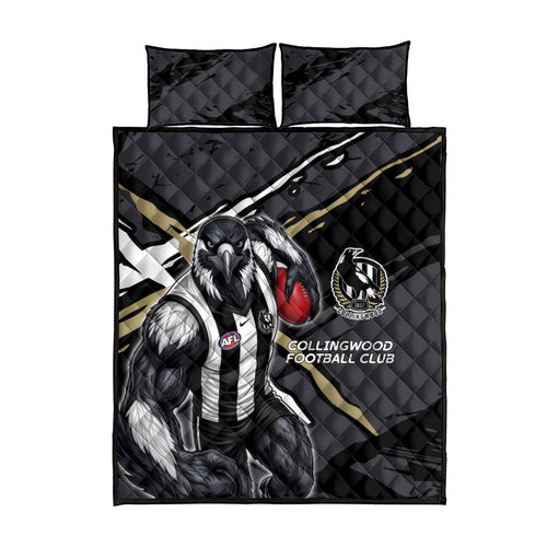 Collingwood Football Club Quilt Bed Set Magpies Muscular Mascot Graphic - Abstract Paint Splatter Art