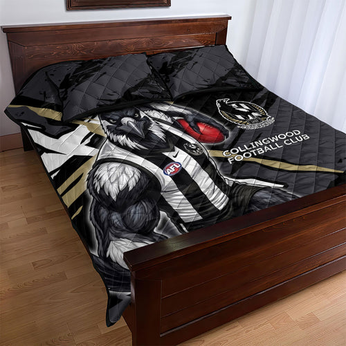 Collingwood Football Club Quilt Bed Set Magpies Muscular Mascot Graphic - Abstract Paint Splatter Art