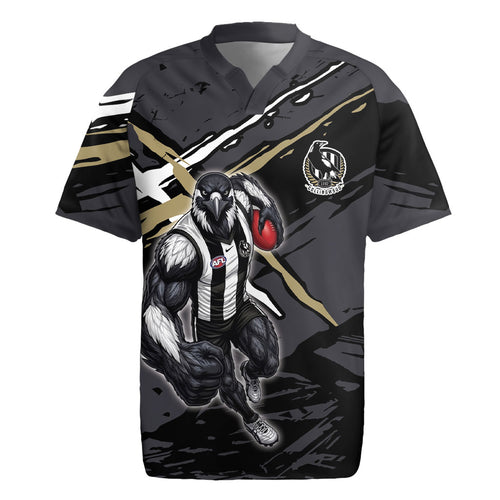 Collingwood Football Club Rugby Jersey Magpies Muscular Mascot Graphic - Abstract Paint Splatter Art