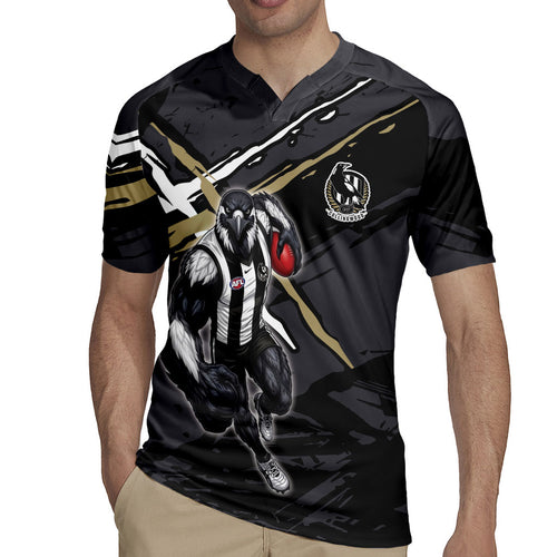 Collingwood Football Club Rugby Jersey Magpies Muscular Mascot Graphic - Abstract Paint Splatter Art