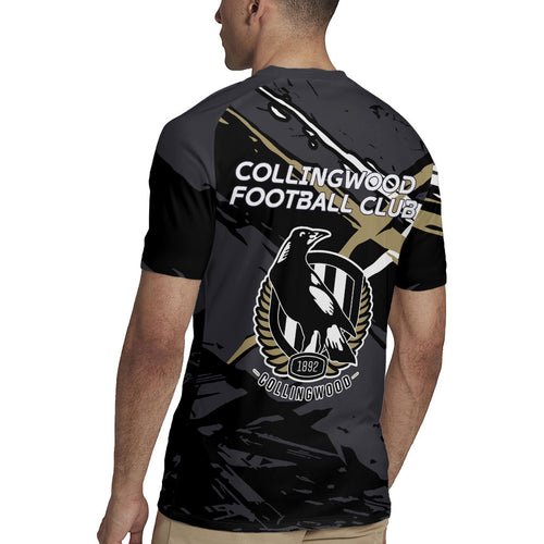 Collingwood Football Club Rugby Jersey Magpies Muscular Mascot Graphic - Abstract Paint Splatter Art