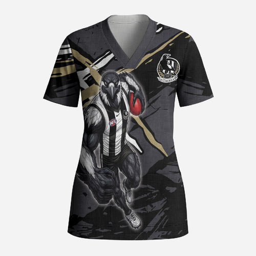 Collingwood Football Club Scrub Top Magpies Muscular Mascot Graphic - Abstract Paint Splatter Art