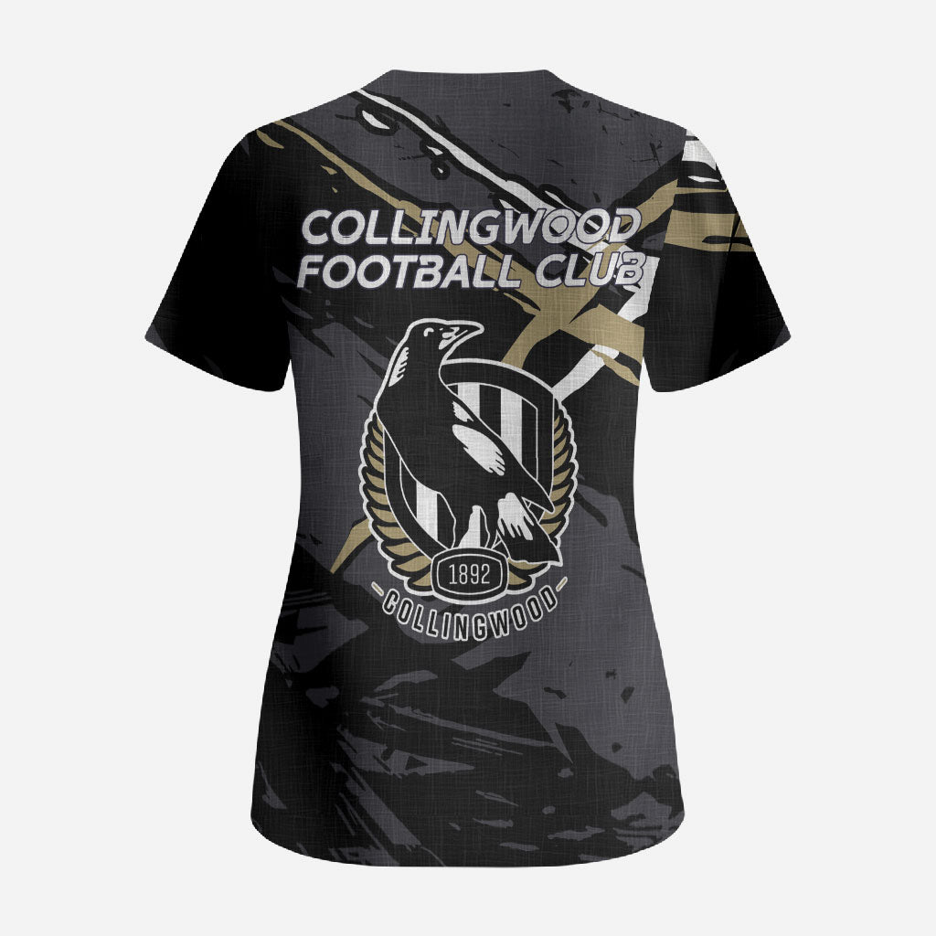 Collingwood Football Club Scrub Top Magpies Muscular Mascot Graphic - Abstract Paint Splatter Art