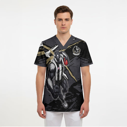 Collingwood Football Club Scrub Top Magpies Muscular Mascot Graphic - Abstract Paint Splatter Art