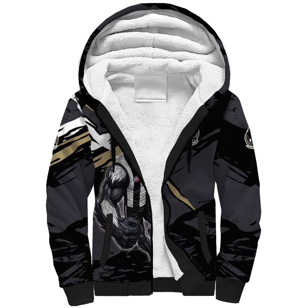 Collingwood Football Club Sherpa Hoodie Magpies Muscular Mascot Graphic - Abstract Paint Splatter Art