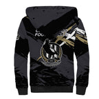 Collingwood Football Club Sherpa Hoodie Magpies Muscular Mascot Graphic - Abstract Paint Splatter Art