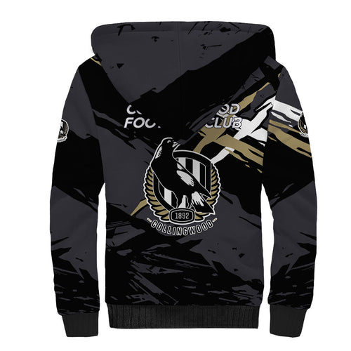Collingwood Football Club Sherpa Hoodie Magpies Muscular Mascot Graphic - Abstract Paint Splatter Art