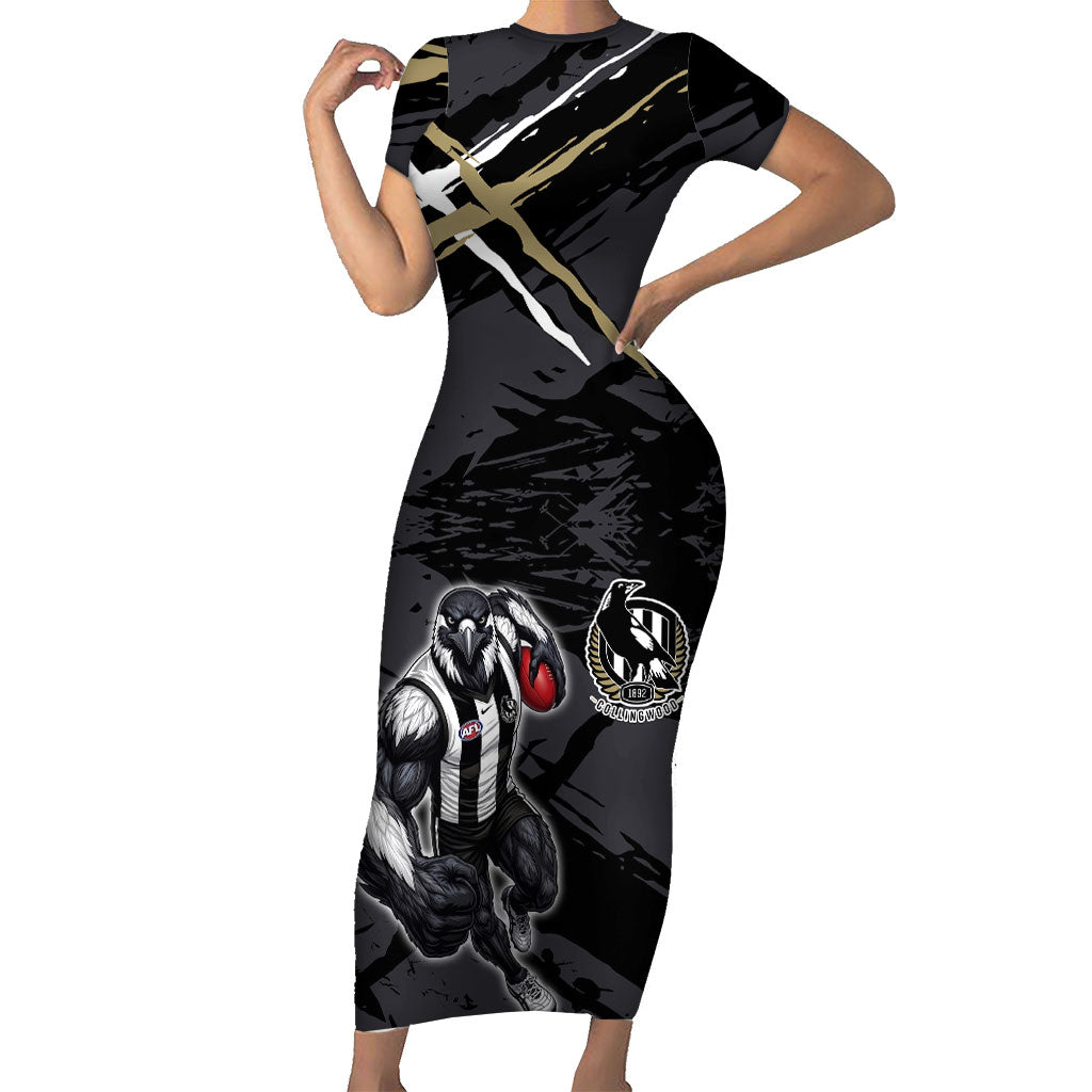 Collingwood Football Club Short Sleeve Bodycon Dress Magpies Muscular Mascot Graphic - Abstract Paint Splatter Art