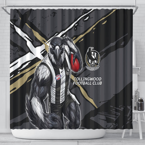 Collingwood Football Club Shower Curtain Magpies Muscular Mascot Graphic - Abstract Paint Splatter Art