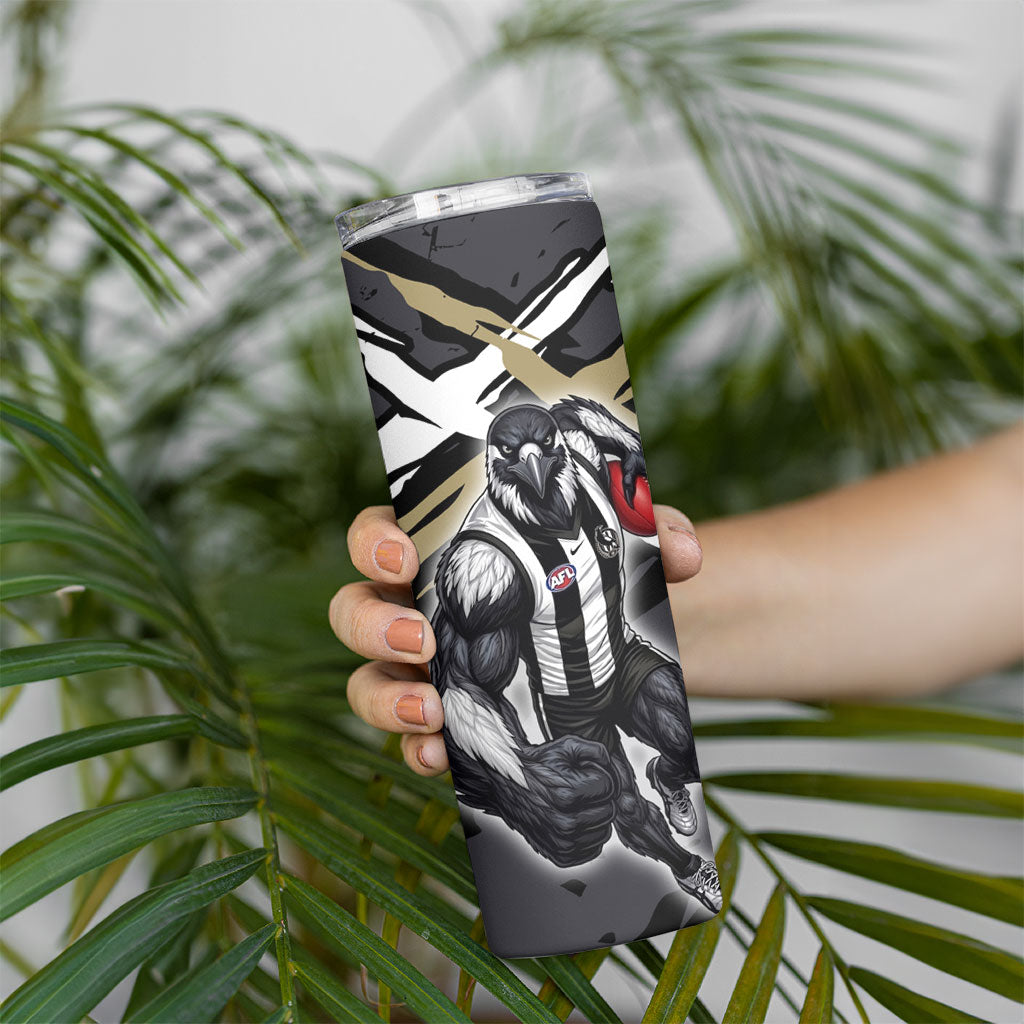 Collingwood Football Club Skinny Tumbler Magpies Muscular Mascot Graphic - Abstract Paint Splatter Art
