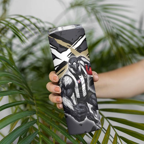 Collingwood Football Club Skinny Tumbler Magpies Muscular Mascot Graphic - Abstract Paint Splatter Art