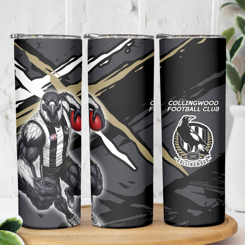 Collingwood Football Club Skinny Tumbler Magpies Muscular Mascot Graphic - Abstract Paint Splatter Art