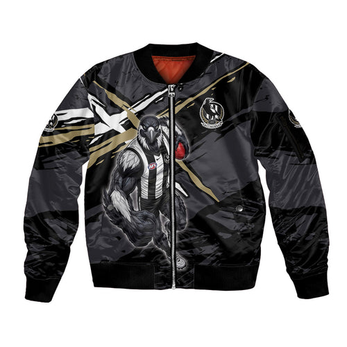 Collingwood Football Club Sleeve Zip Bomber Jacket Magpies Muscular Mascot Graphic - Abstract Paint Splatter Art