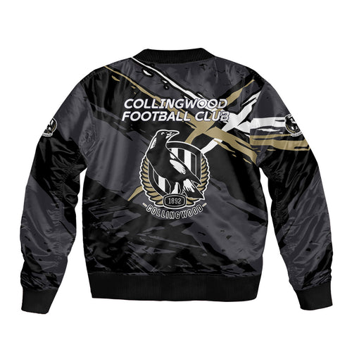 Collingwood Football Club Sleeve Zip Bomber Jacket Magpies Muscular Mascot Graphic - Abstract Paint Splatter Art