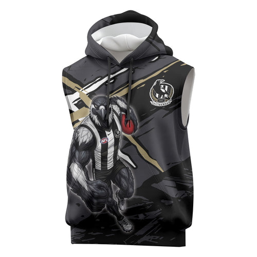 Collingwood Football Club Sleeveless Hoodie Magpies Muscular Mascot Graphic - Abstract Paint Splatter Art