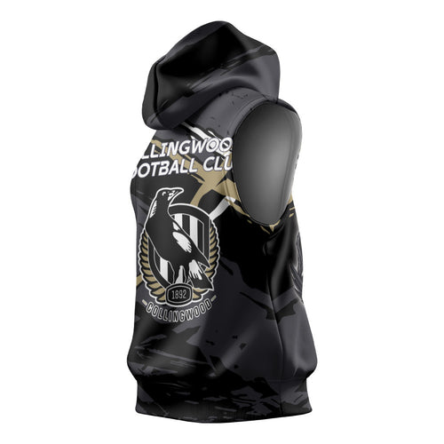 Collingwood Football Club Sleeveless Hoodie Magpies Muscular Mascot Graphic - Abstract Paint Splatter Art