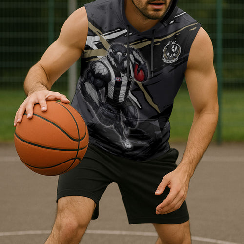 Collingwood Football Club Sleeveless Hoodie Magpies Muscular Mascot Graphic - Abstract Paint Splatter Art