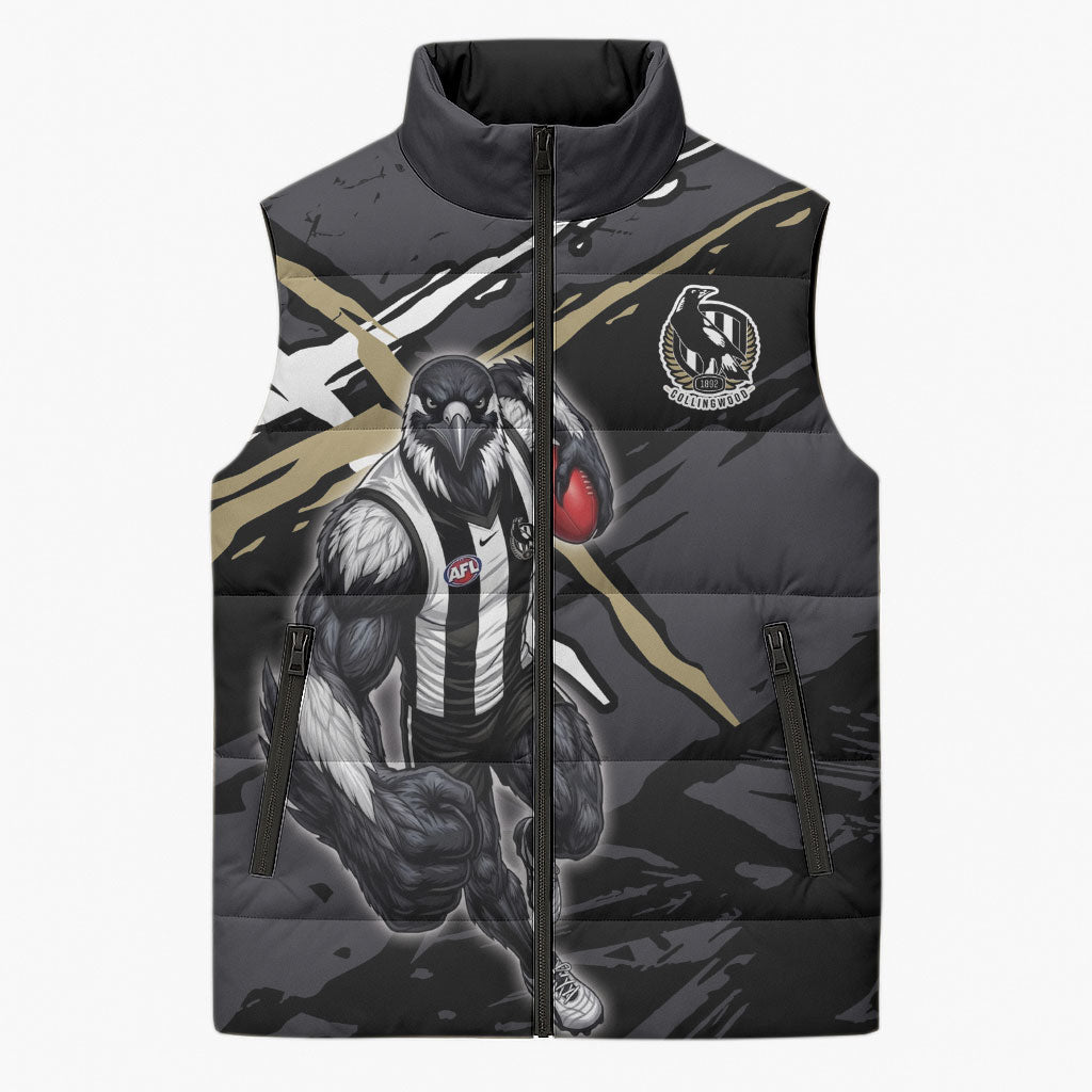 Collingwood Football Club Sleeveless Puffer Jacket Magpies Muscular Mascot Graphic - Abstract Paint Splatter Art