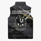 Collingwood Football Club Sleeveless Puffer Jacket Magpies Muscular Mascot Graphic - Abstract Paint Splatter Art