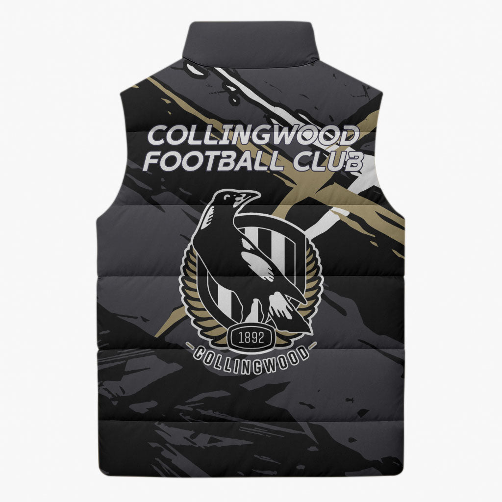 Collingwood Football Club Sleeveless Puffer Jacket Magpies Muscular Mascot Graphic - Abstract Paint Splatter Art