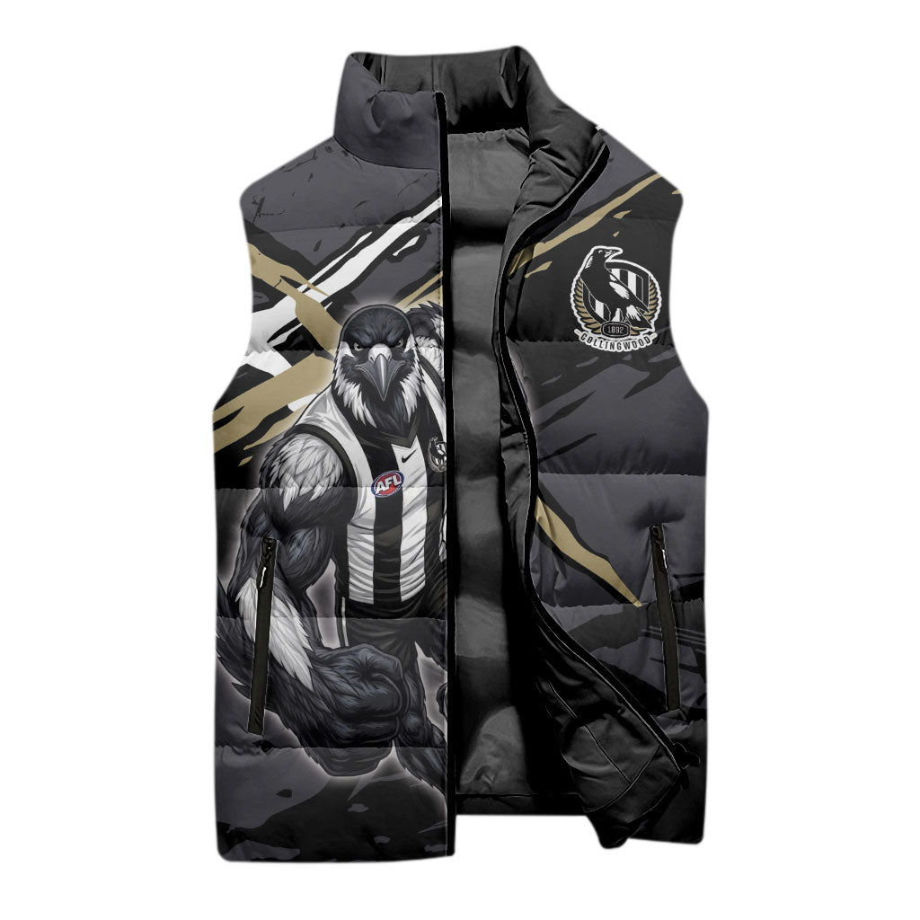 Collingwood Football Club Sleeveless Puffer Jacket Magpies Muscular Mascot Graphic - Abstract Paint Splatter Art