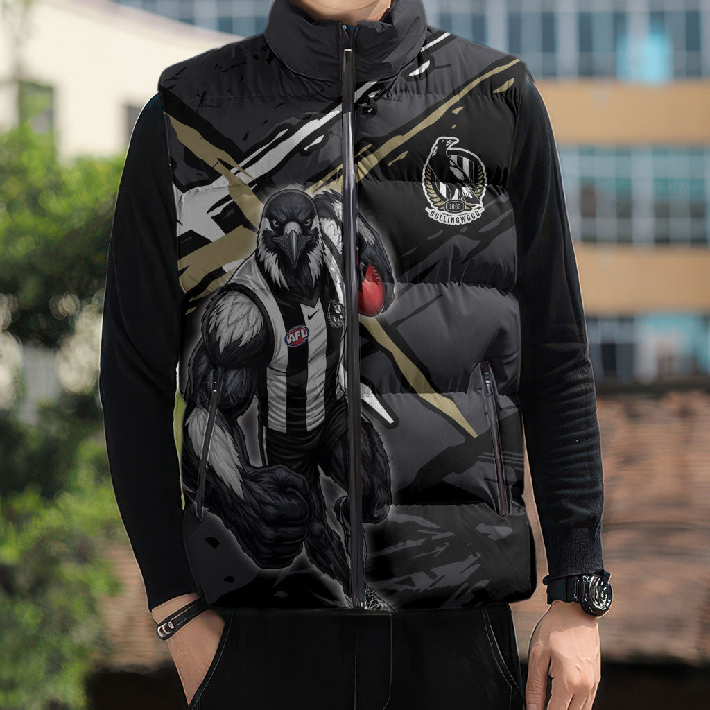 Collingwood Football Club Sleeveless Puffer Jacket Magpies Muscular Mascot Graphic - Abstract Paint Splatter Art
