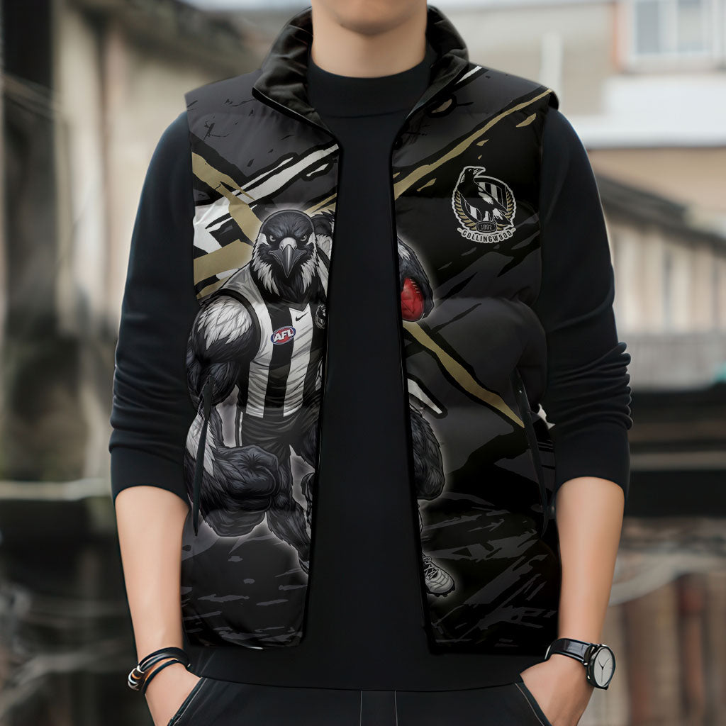Collingwood Football Club Sleeveless Puffer Jacket Magpies Muscular Mascot Graphic - Abstract Paint Splatter Art